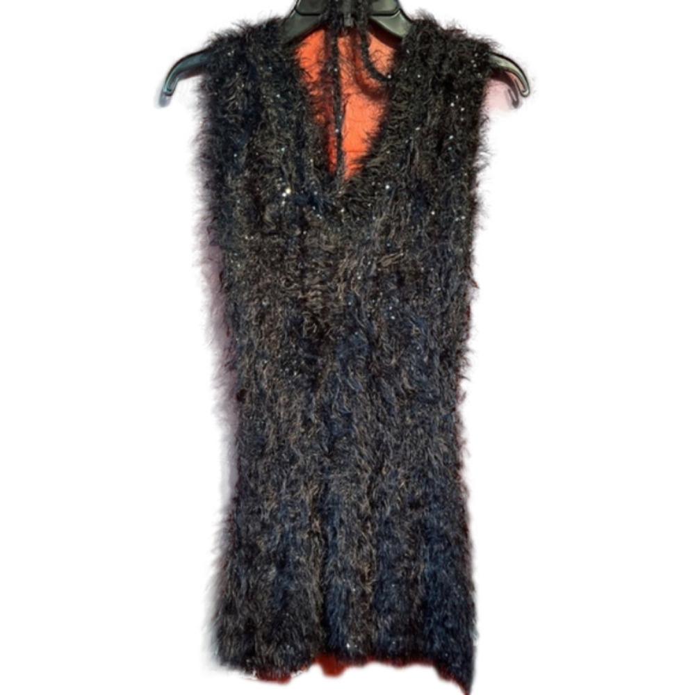 Vintage Forla Paris Design Women’s Fuzzy Sequin Tank Size S Vegan Fur Top Dress - Picture 1 of 12
